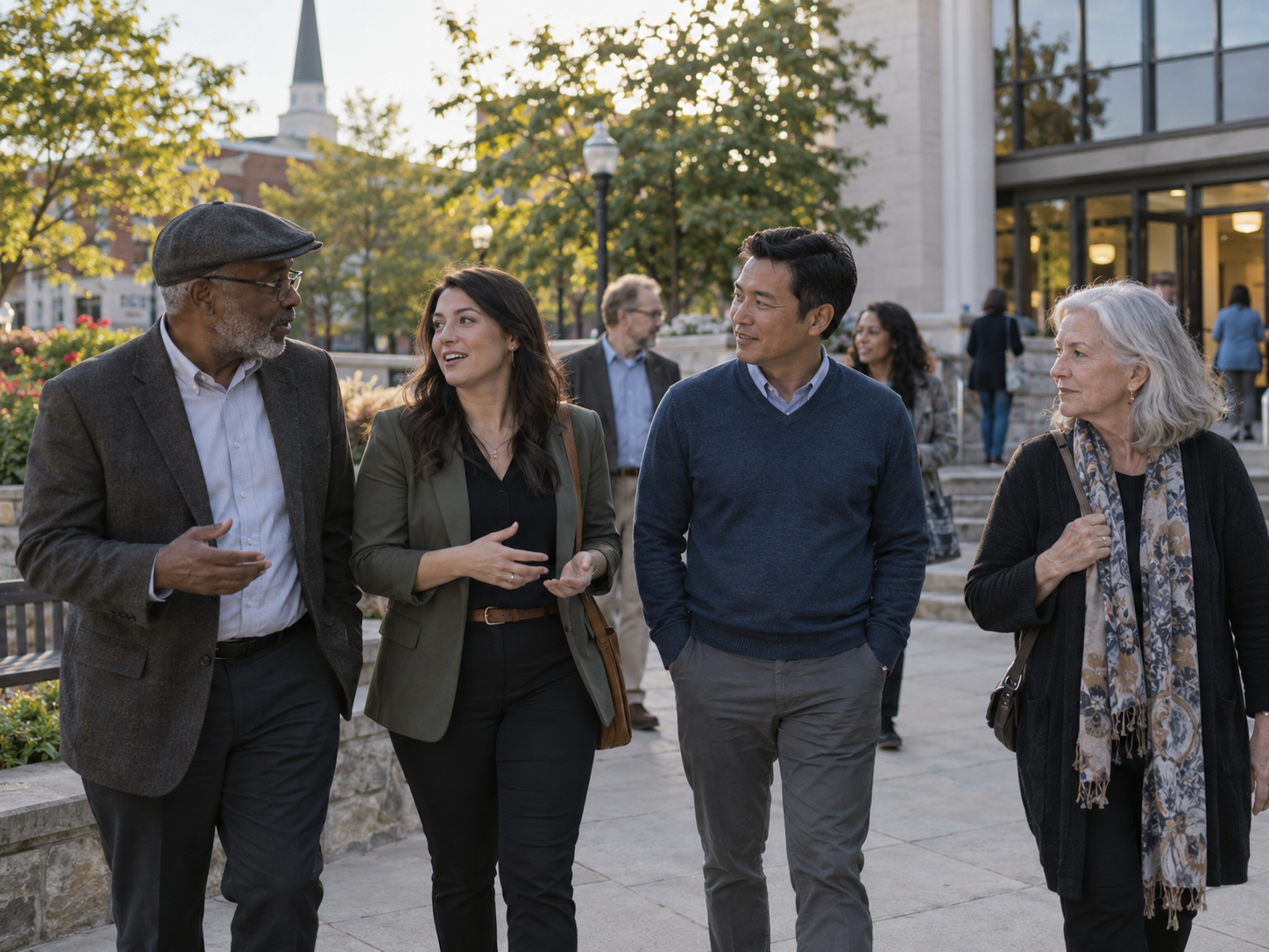 Community members outside a civic building supported by public investment