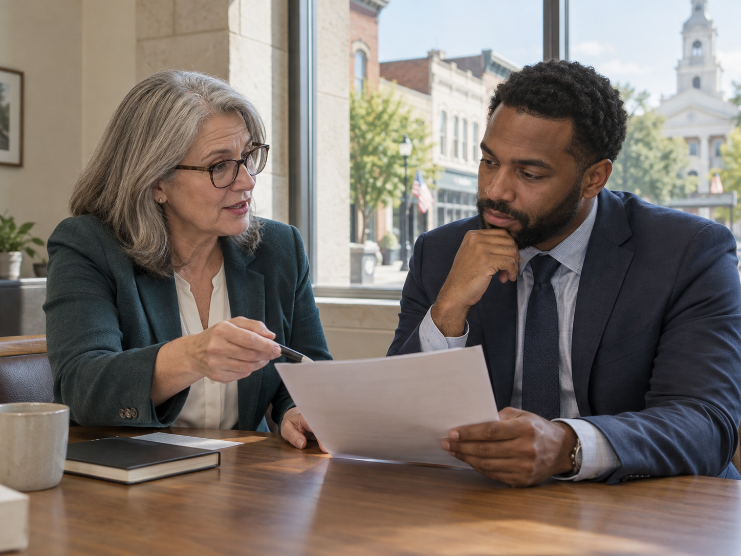 Two public finance professionals comparing financing information